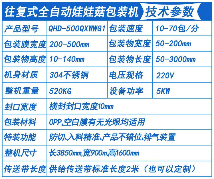 全自動娃娃菇包裝機技術參數